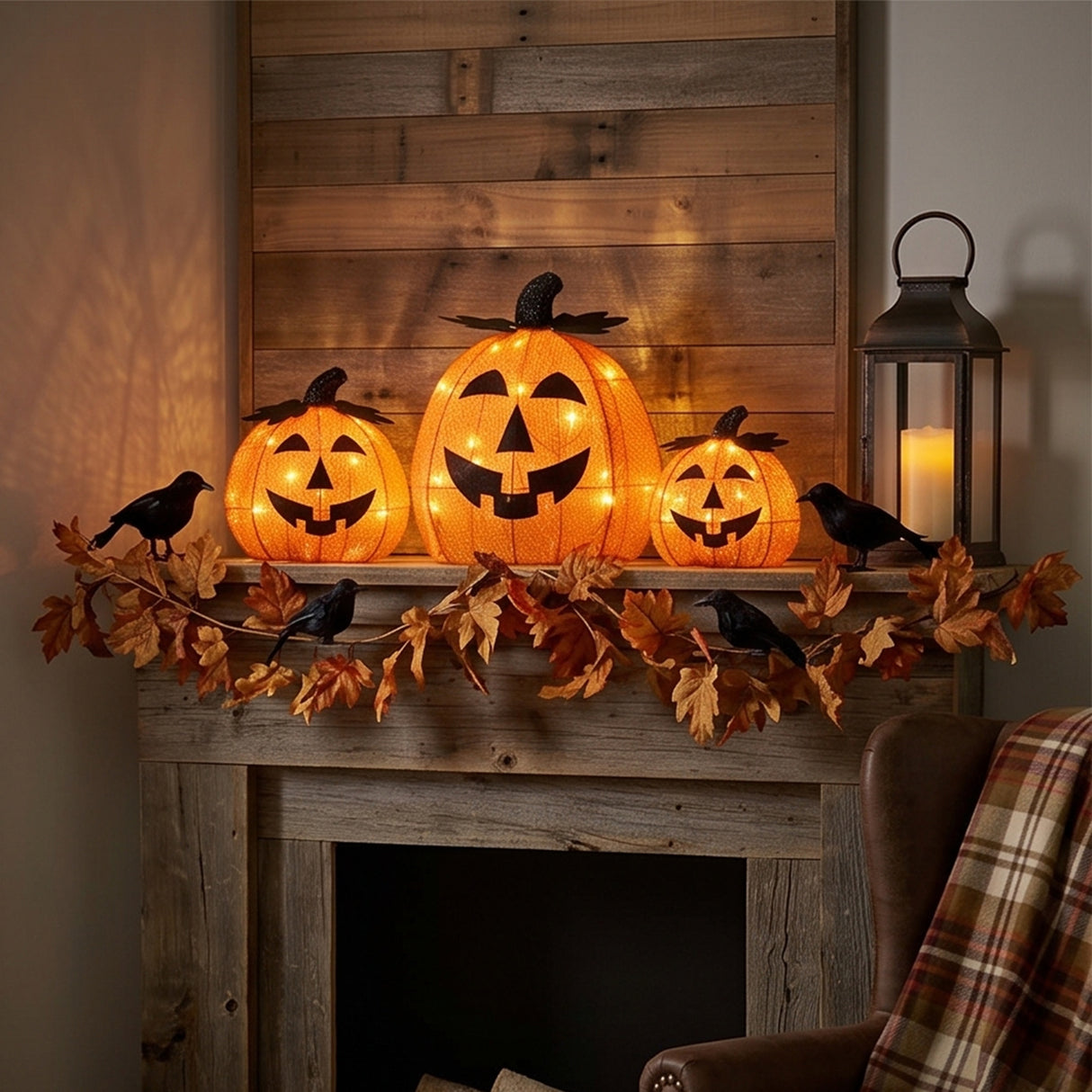 15 in. 3-Piece Halloween Pre-Lit Happy Jack-O-Lantern Trio with LED Lights Plug-In