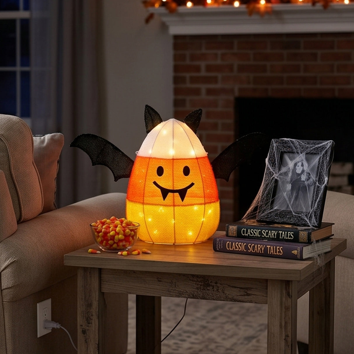 27 in. Halloween Candy Corn Bat Outdoor Lawn Decoration with LED Lights Plug-In