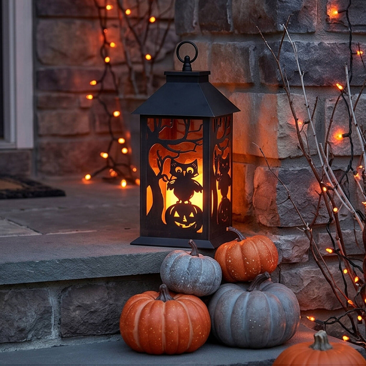 12 in. Halloween Carved Images Lantern with Owls, Pumpkins & Leafless Trees (LED Lights)