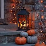 12 in. Halloween Carved Images Lantern with Owls, Pumpkins & Leafless Trees (LED Lights)