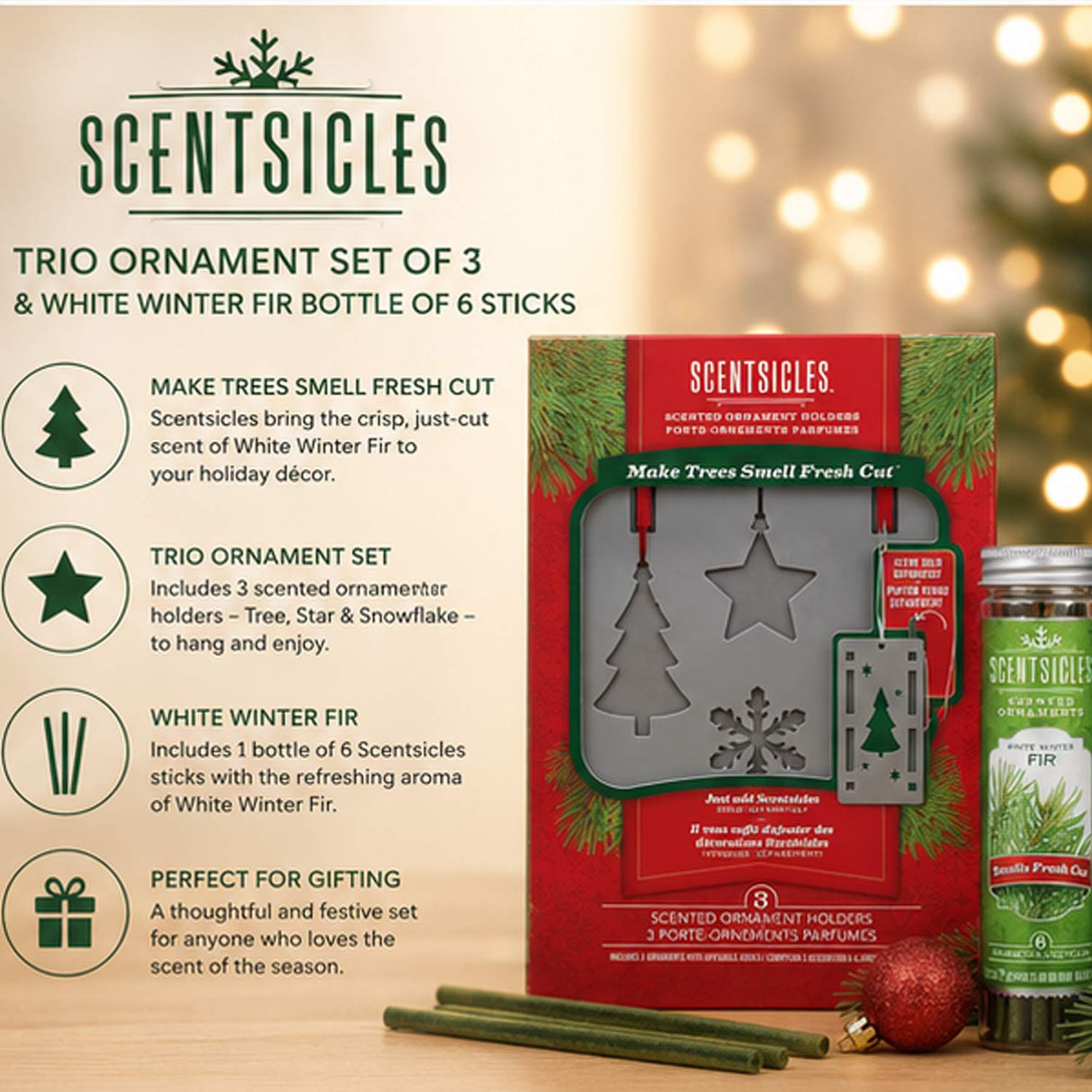 Scentsicles Trio Ornament, White Winter Fir 6 Sticks Bottles