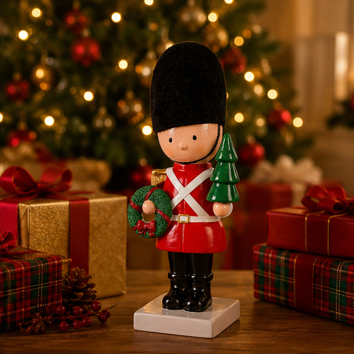 11IN Christmas Soldier Figurine with Wreath and Tree Holiday Tabletop Decor