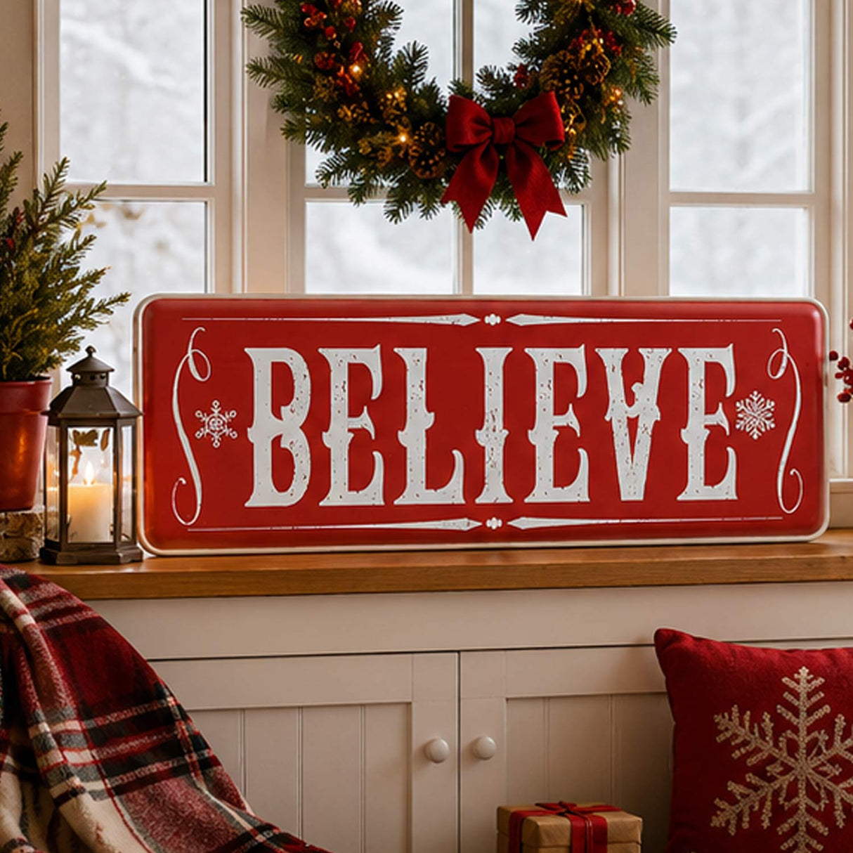 31IN Believe Horizontal Metal Holiday Wall Sign Red Vintage Snowflake Christmas Decor