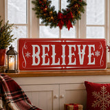 31IN Believe Horizontal Metal Holiday Wall Sign Red Vintage Snowflake Christmas Decor
