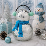 10IN Disco Snowman Figurine with Blue Scarf & Silver Ear Muffs Mirror Ball Holiday Decor