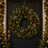 24 in. Frosted Berry Christmas Wreath with Pine Cones & Red Berries, Holiday Door & Wall Decoration