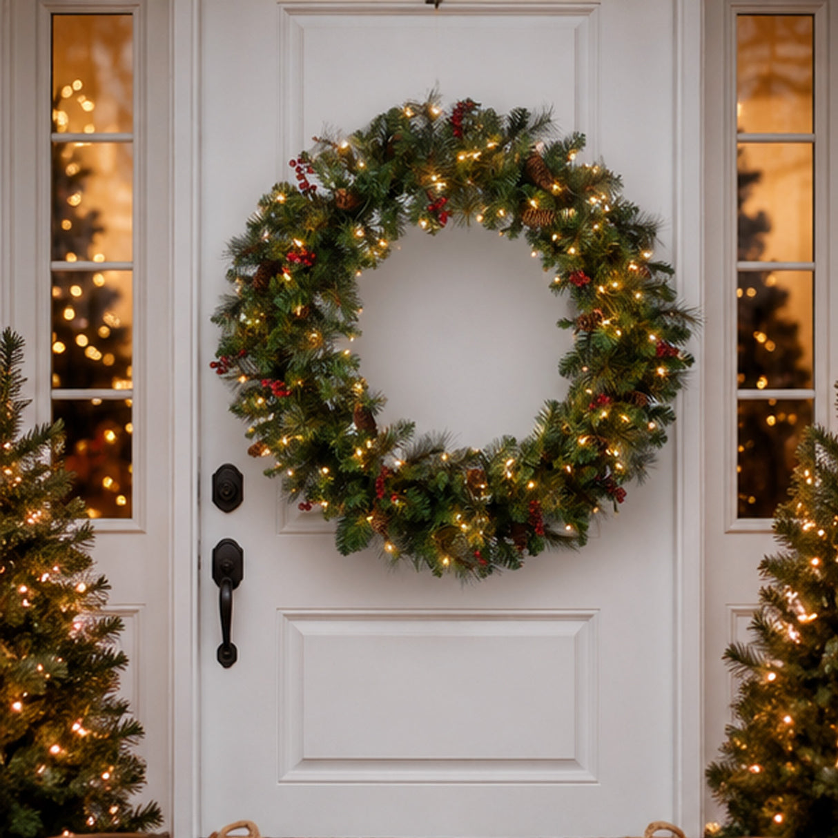 Pre-Lit 36 in. Crestwood Spruce Christmas Wreath with 200 Clear Lights, Plug-In Holiday Door Decoration