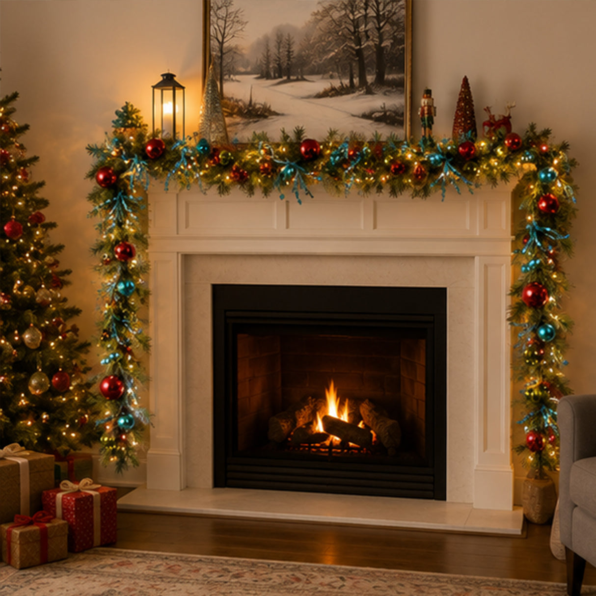 Pre-Lit Decorative Collection Retro Ornament Garland with Warm White LED Lights, 9 Foot