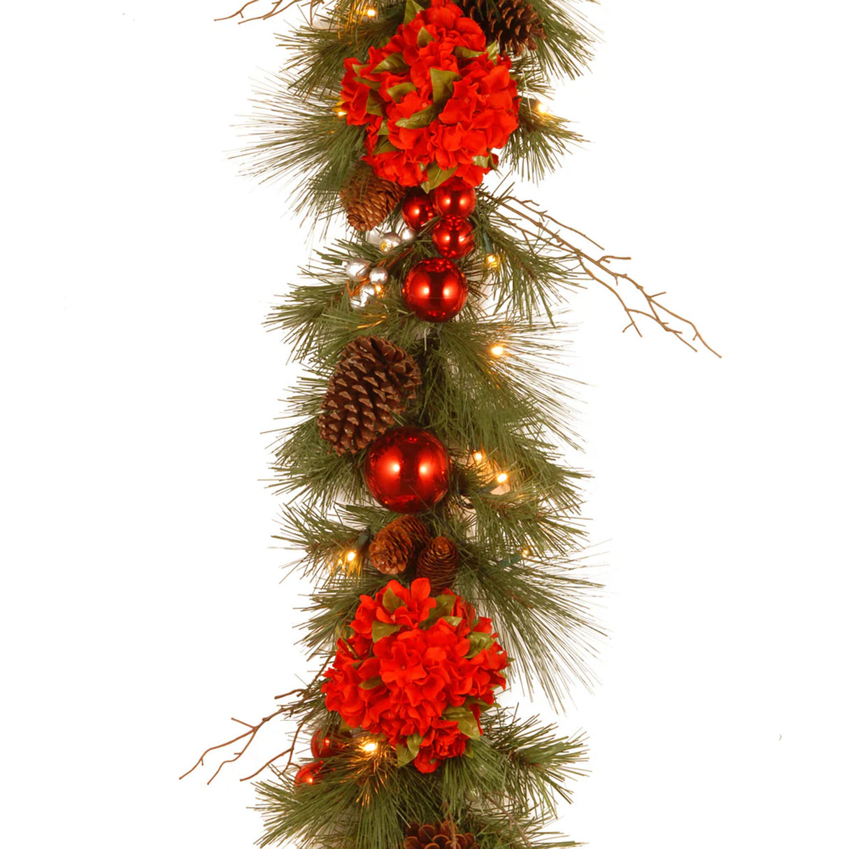 Pre-Lit Hydrangea Pine Garland with Warm White LED Lights, 9 Foot