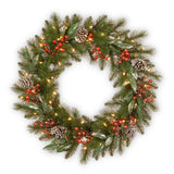 Pre-Lit Frosted Pine Berry Wreath with Warm White LED Lights, 24 Inch