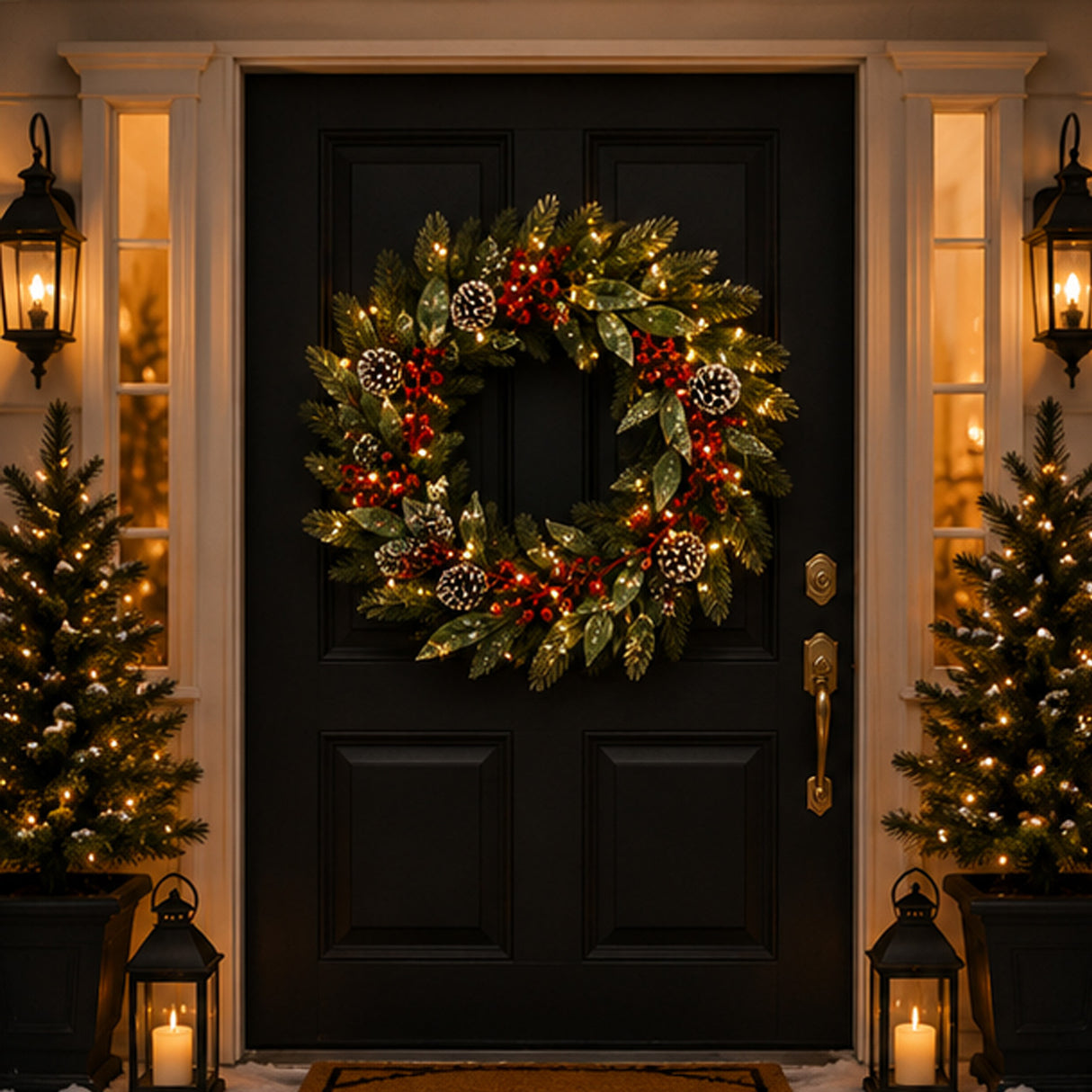 Pre-Lit Frosted Pine Berry Wreath with Warm White LED Lights, 24 Inch