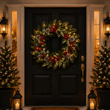 Pre-Lit Frosted Pine Berry Wreath with Warm White LED Lights, 24 Inch