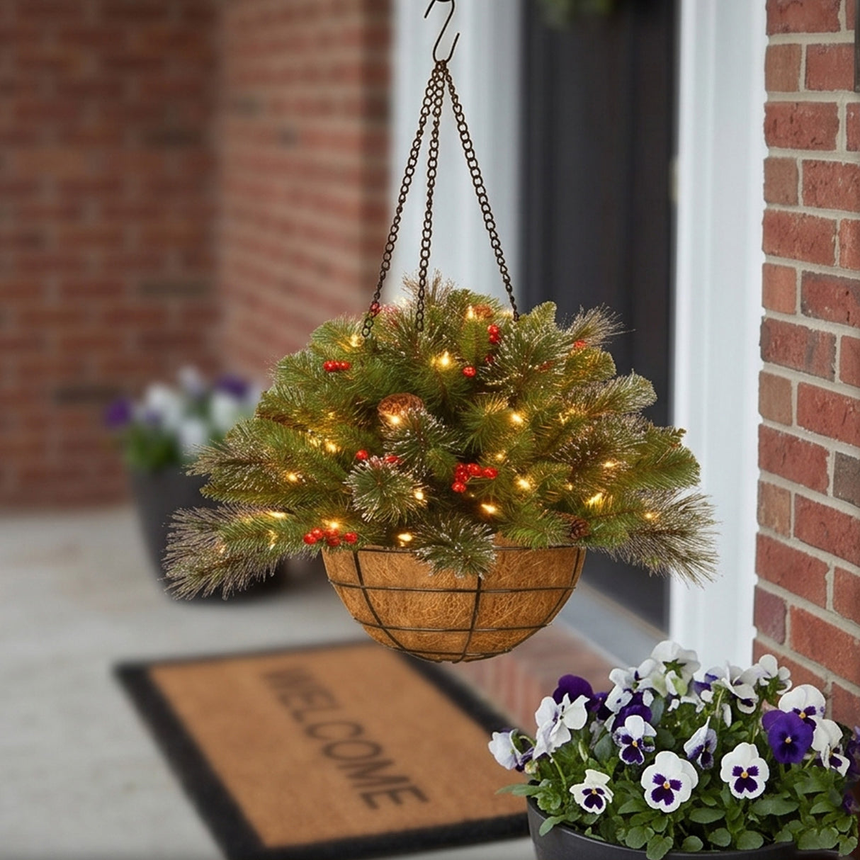 Pre-Lit Crestwood Spruce Hanging Basket with Warm White LED Lights, 20 Inch