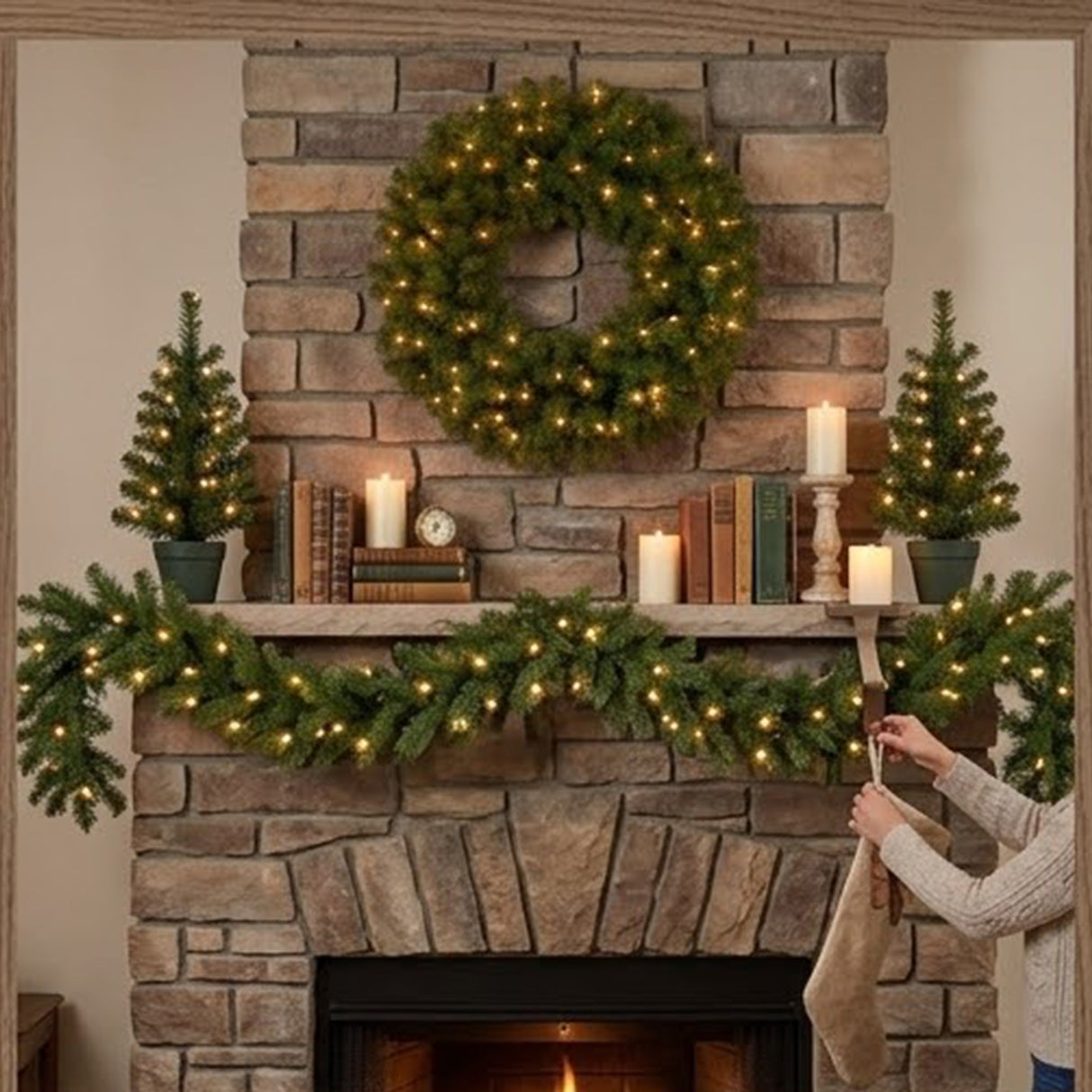 Evergreen Pre-Lit Holiday Assortment Set with Entrance Trees, Wreath & Garland, Battery Operated