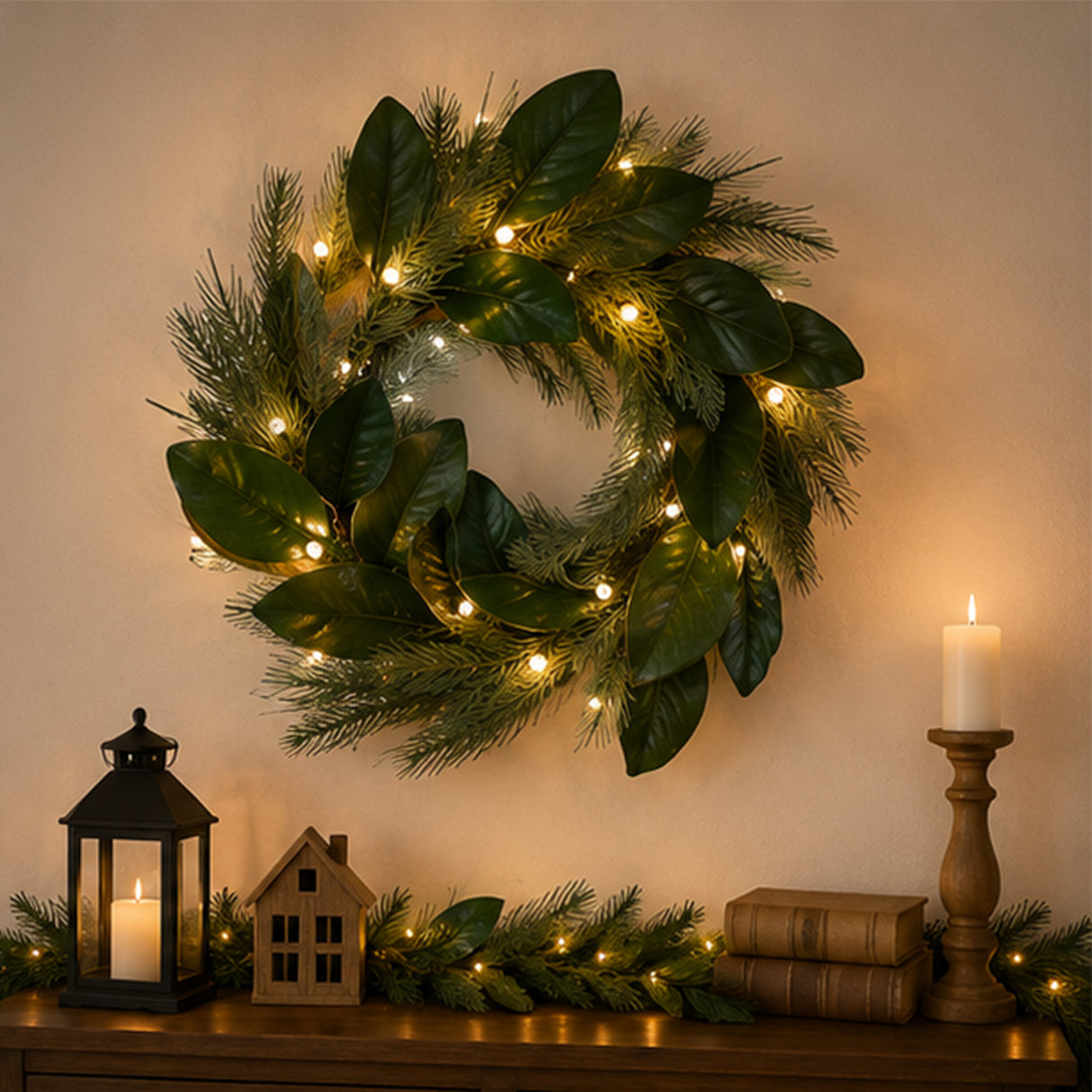Pre-Lit Magnolia Mix Pine Wreath with Warm White LED Berry Lights, 24 Inch