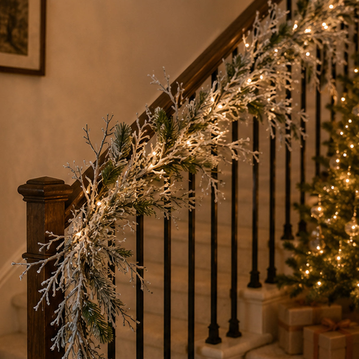Pre-Lit Snowy Twig Garland with Warm White LED Rice Lights, 9ft