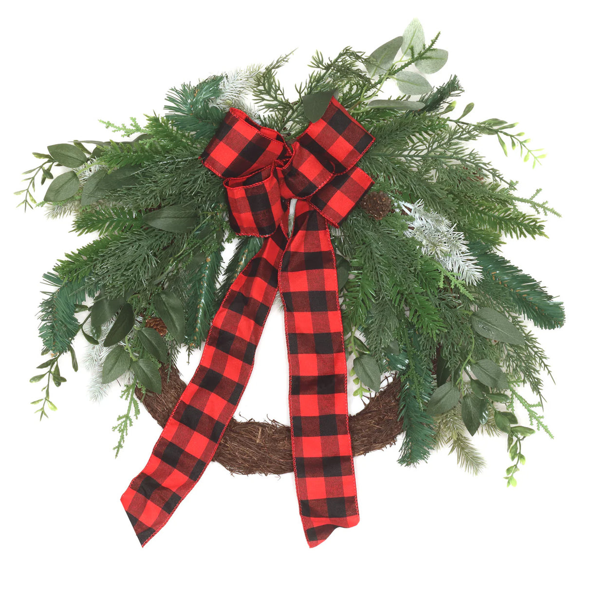 Mixed Pine Wreath with Buffalo Plaid Bow & Pinecones, 22 Inch Holiday Decor