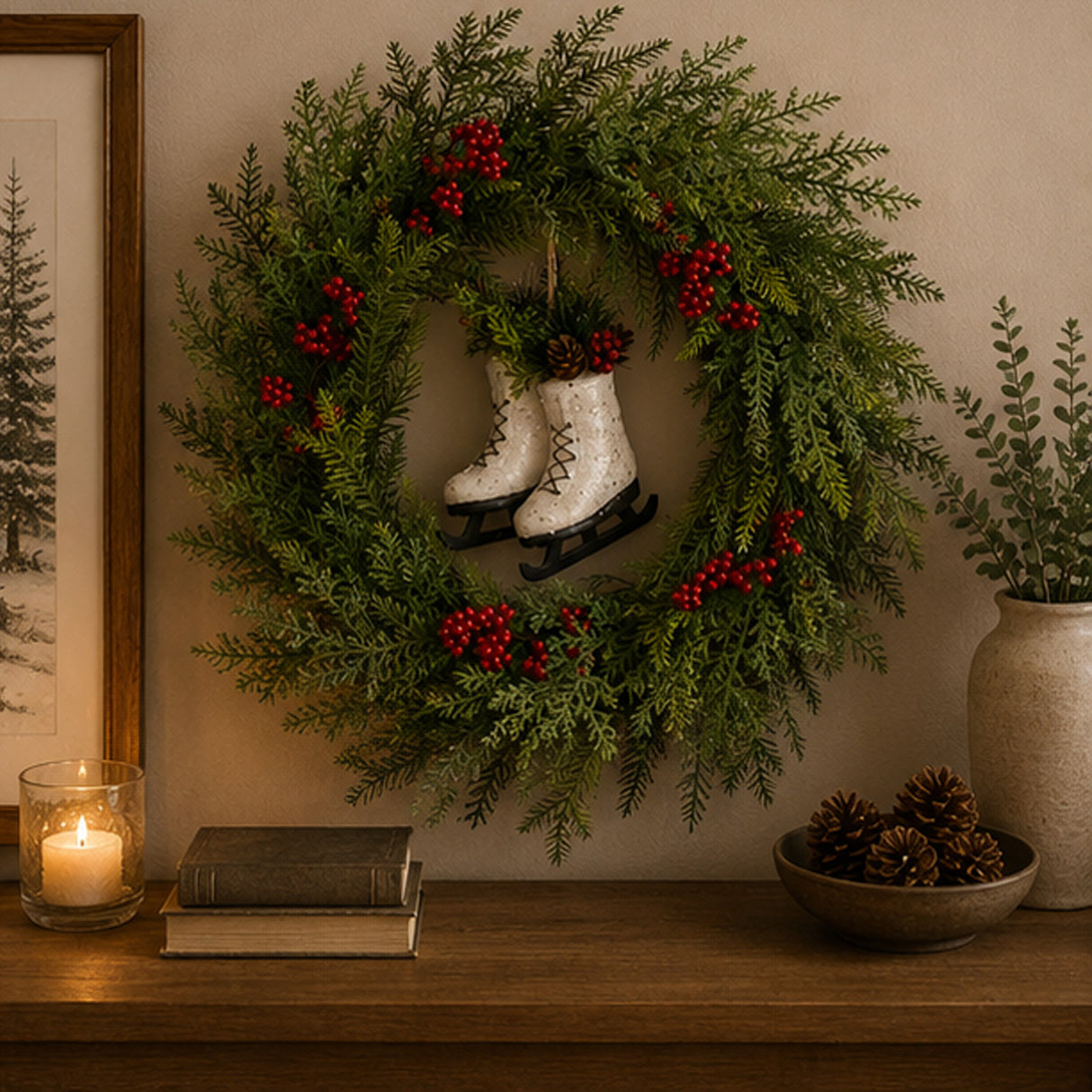 Winter Skates Wreath with Red Berries, 22 Inch Holiday Door Decor