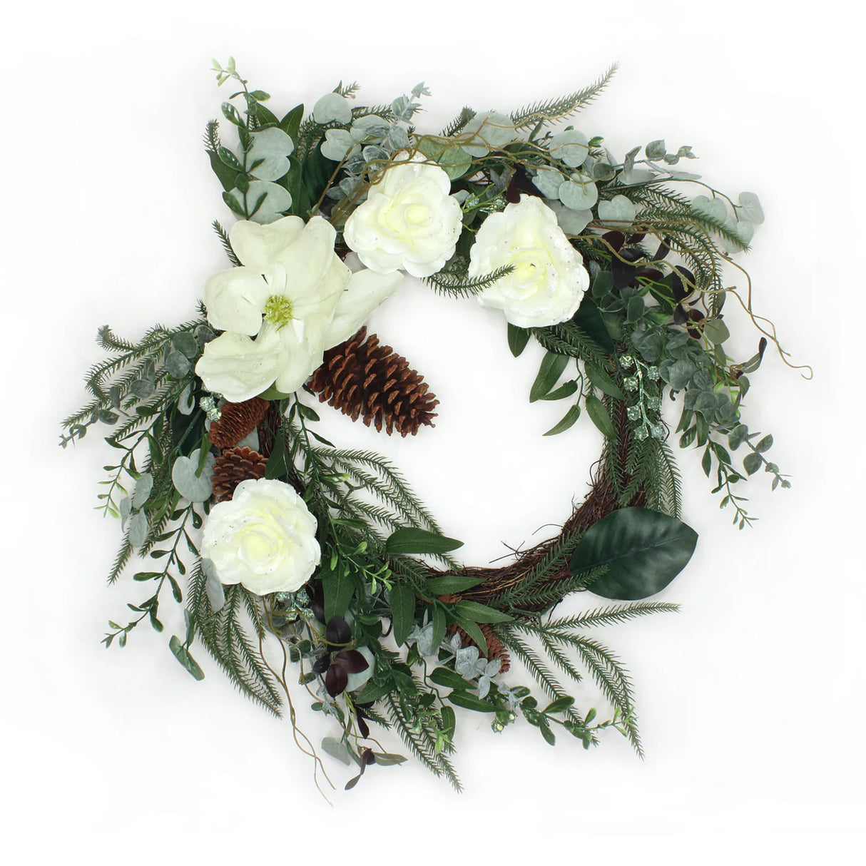 26in Mixed Greens Christmas Wreath with White Flowers & Pinecones