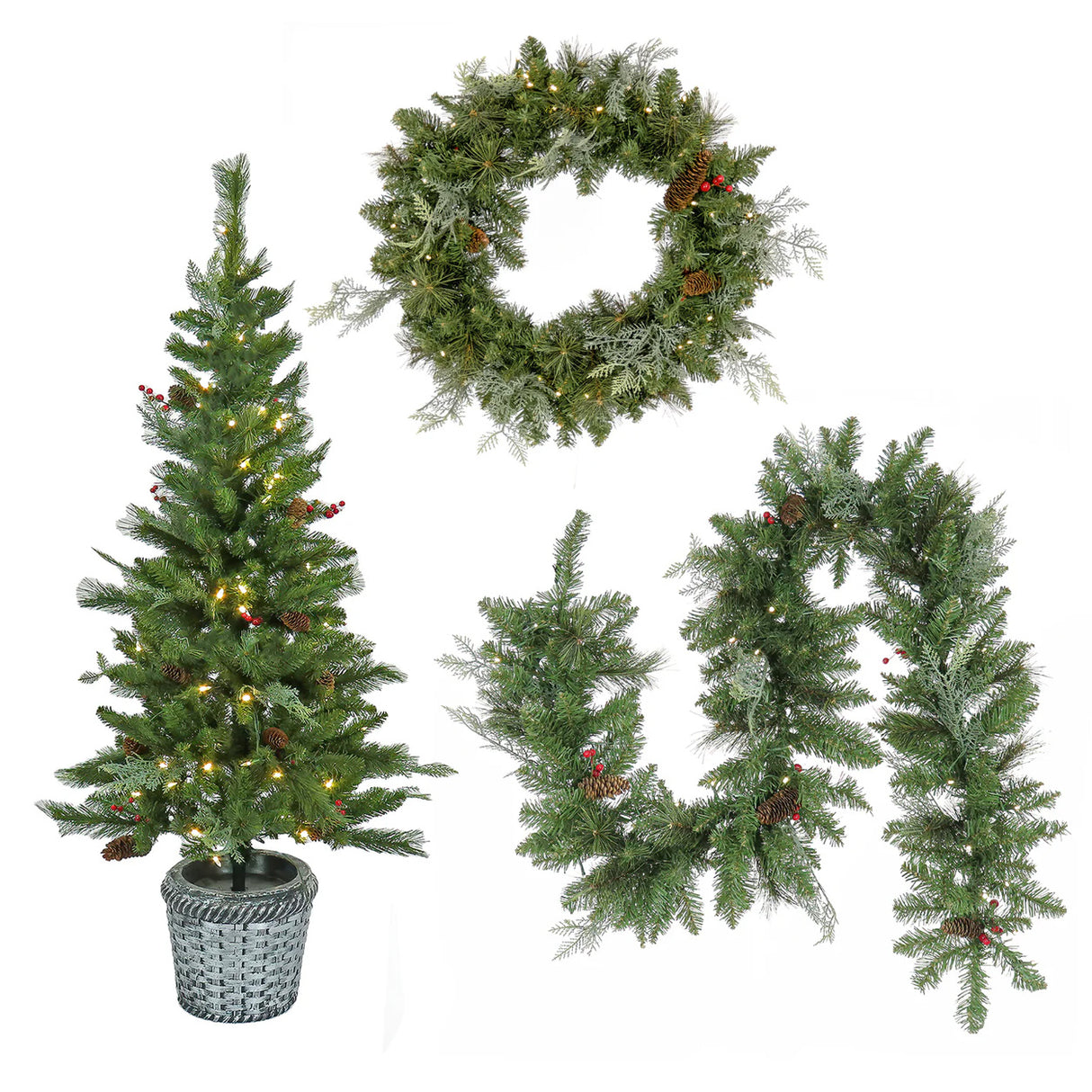 Pre-Lit Buzzard Pine 3-Piece Christmas Entry Set with Tree, Wreath & Garland