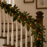 9ft Pre-Lit Magnolia Mix Pine Garland with Red Berry LED Lights