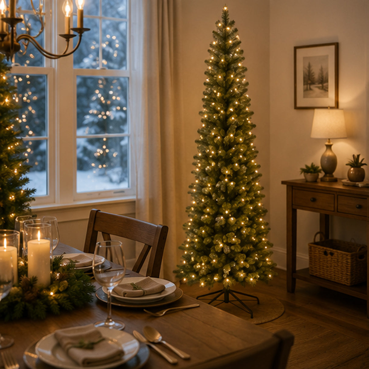 9ft Pre-Lit Downswept Douglas Fir Pencil Slim Christmas Tree with Clear Lights