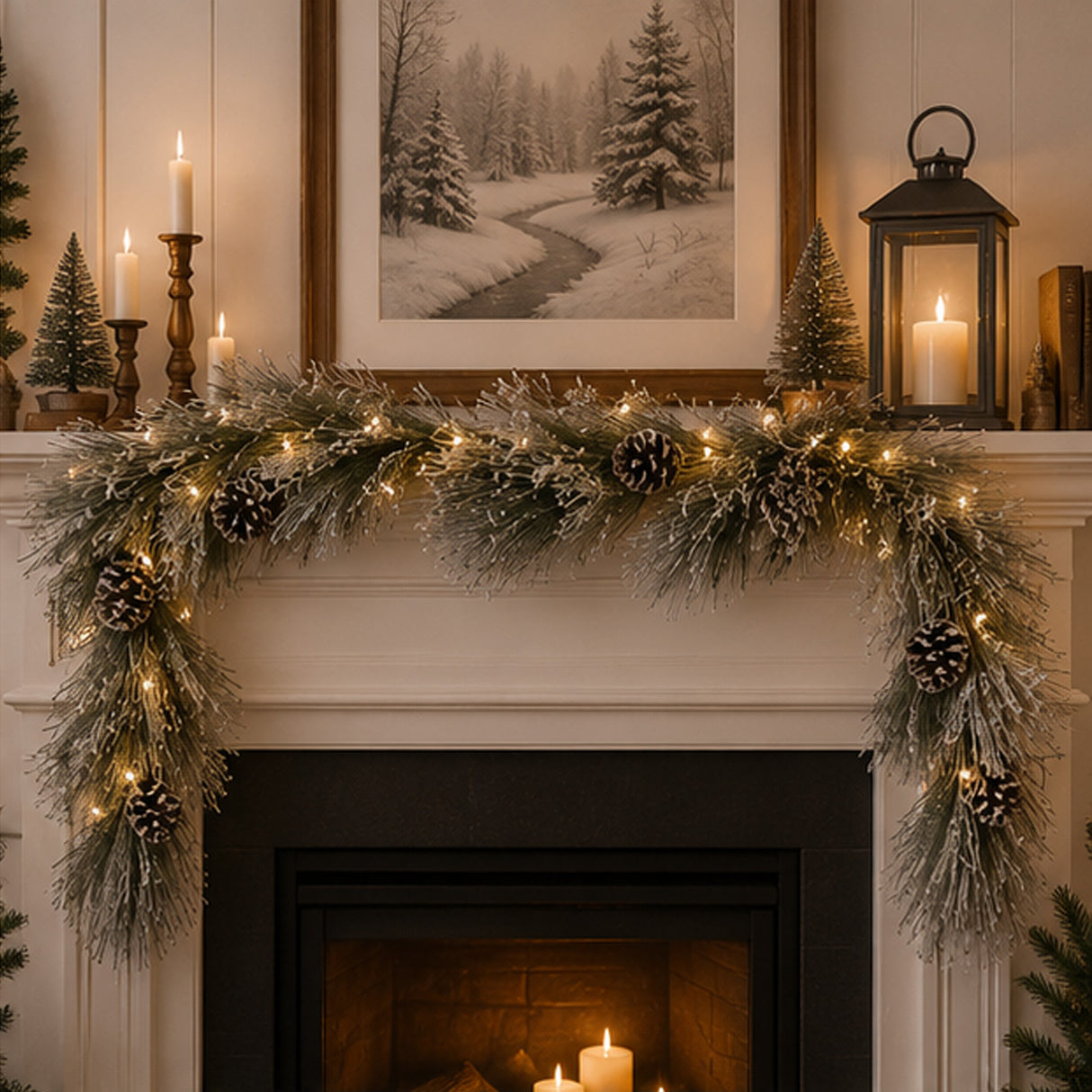 7ft Snowy Long Needle Christmas Garland with Pinecones