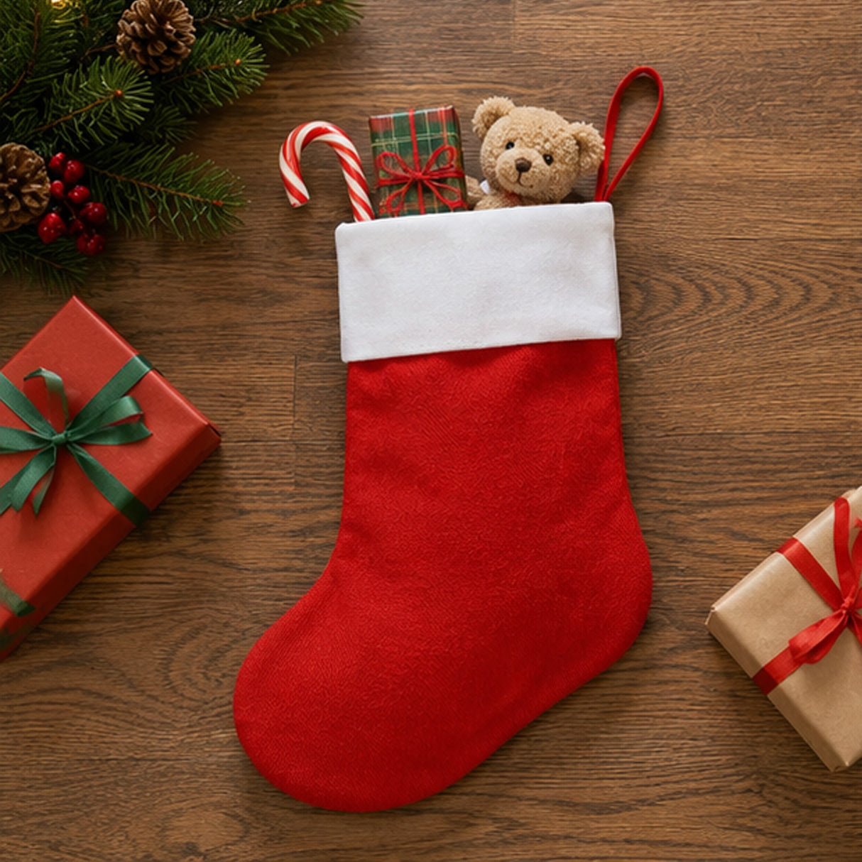 Small Christmas Red Satin Stockings with White Trim 12 Pack