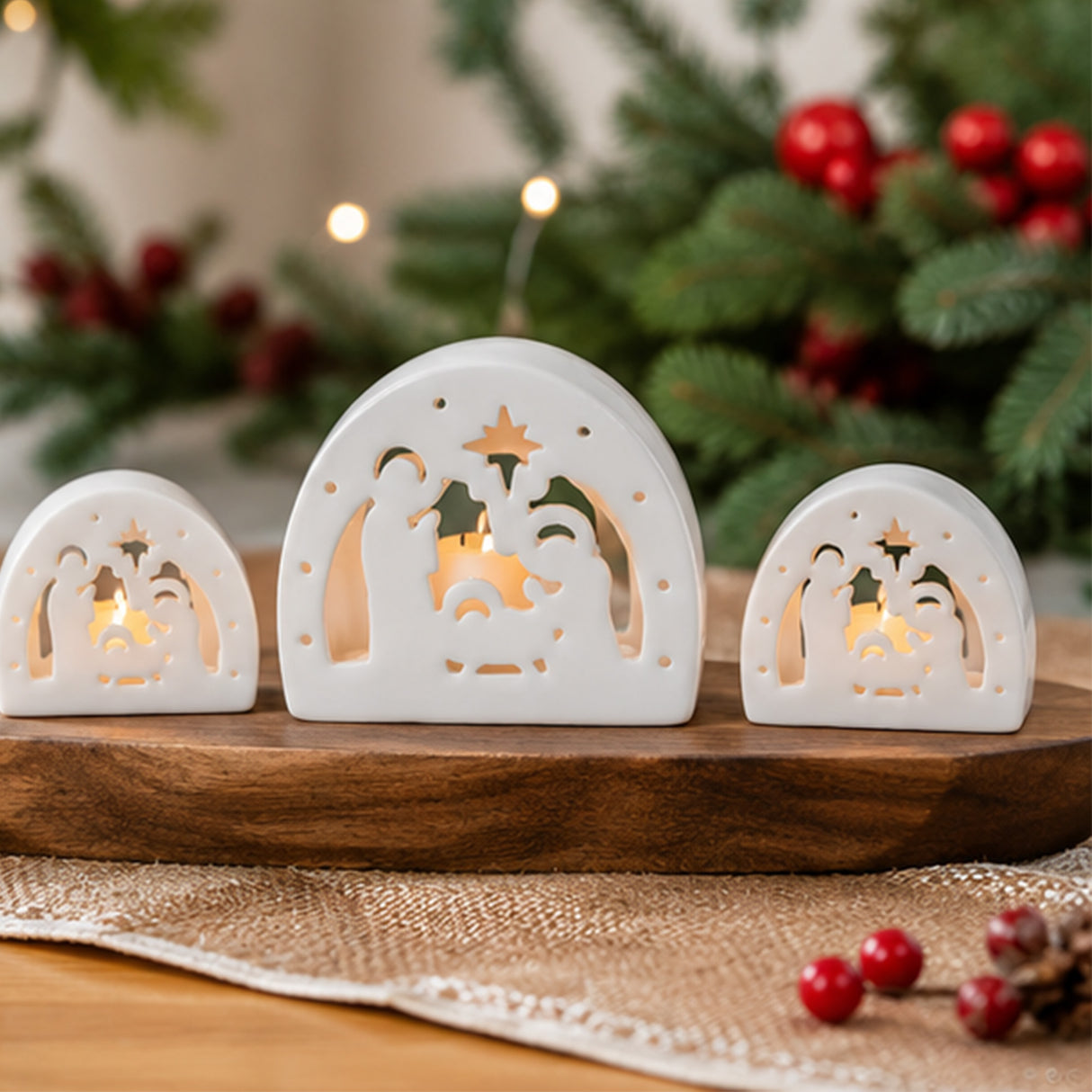 Nativity Scene Dome Votive Candle Holders Ceramic 3 Pc Set