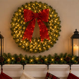 Pre Lit Artificial Fir Christmas Wreath with Red Bow LED Lights