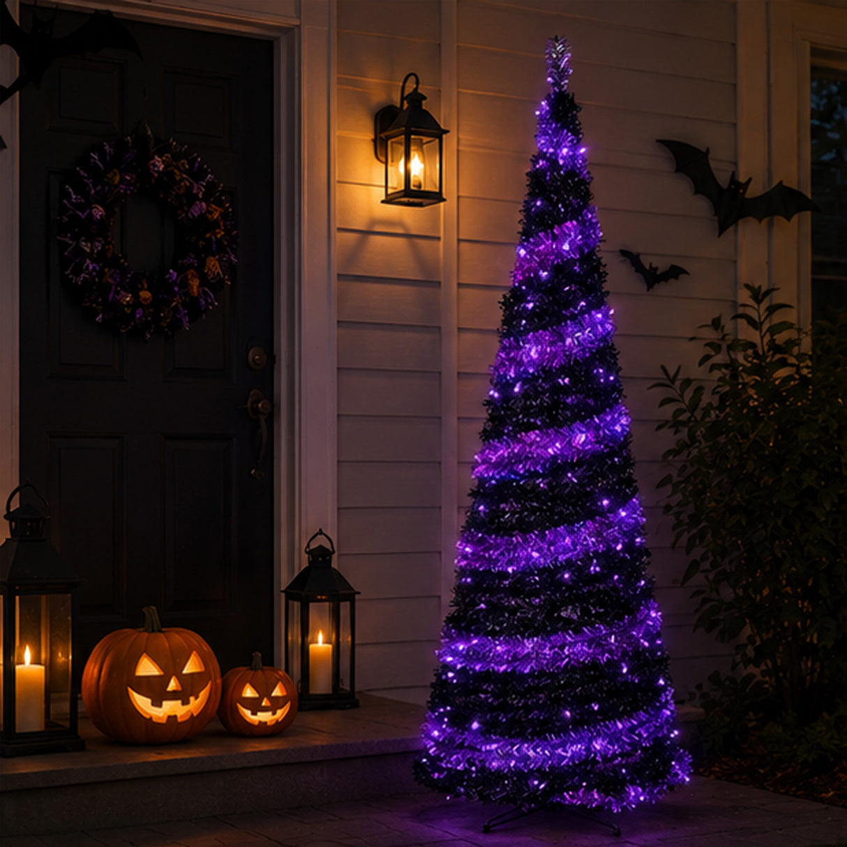 7.5 ft Pre Lit Black Halloween Tree with Orange LED Lights