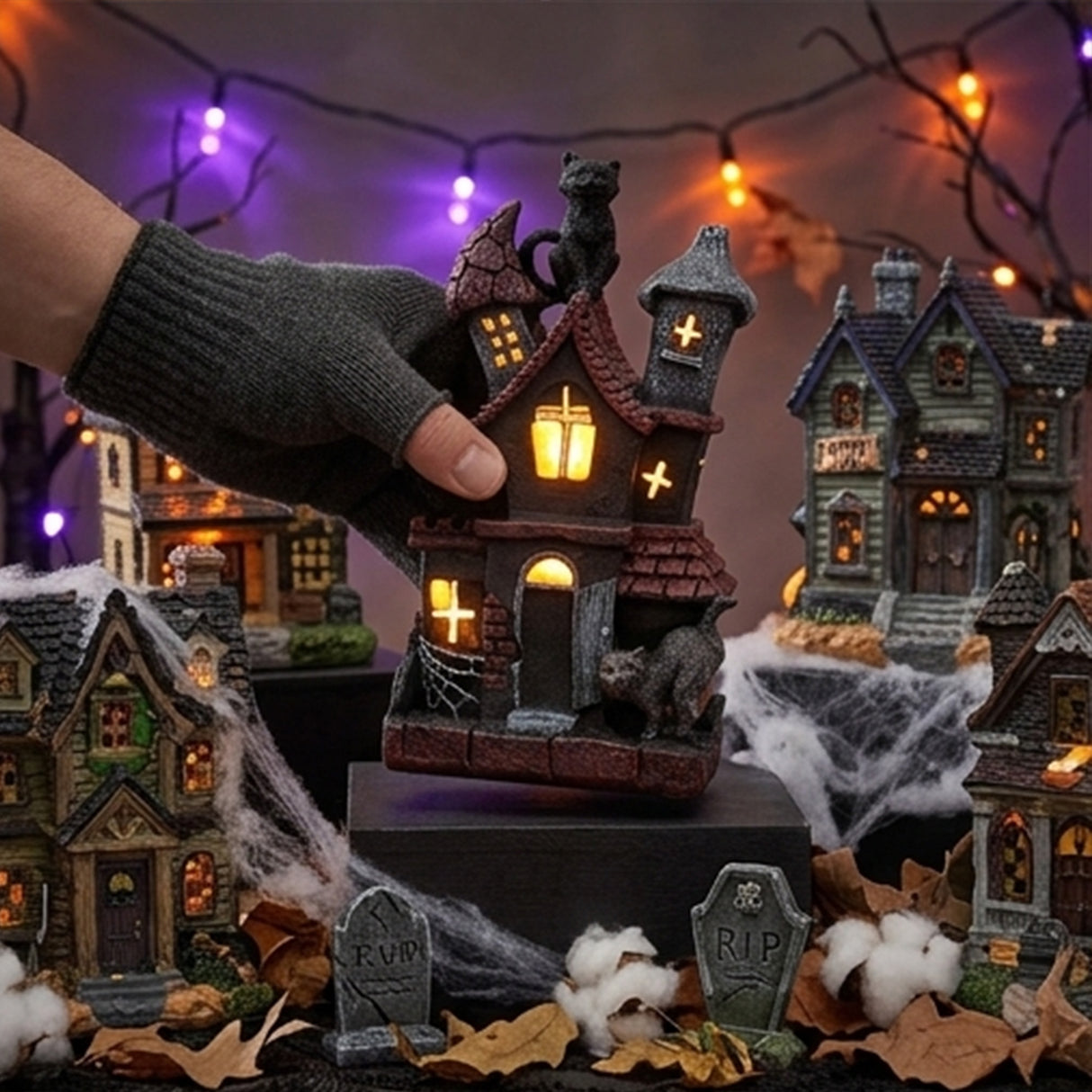 7IN Pre-Lit Black Haunted House Halloween LED Decor