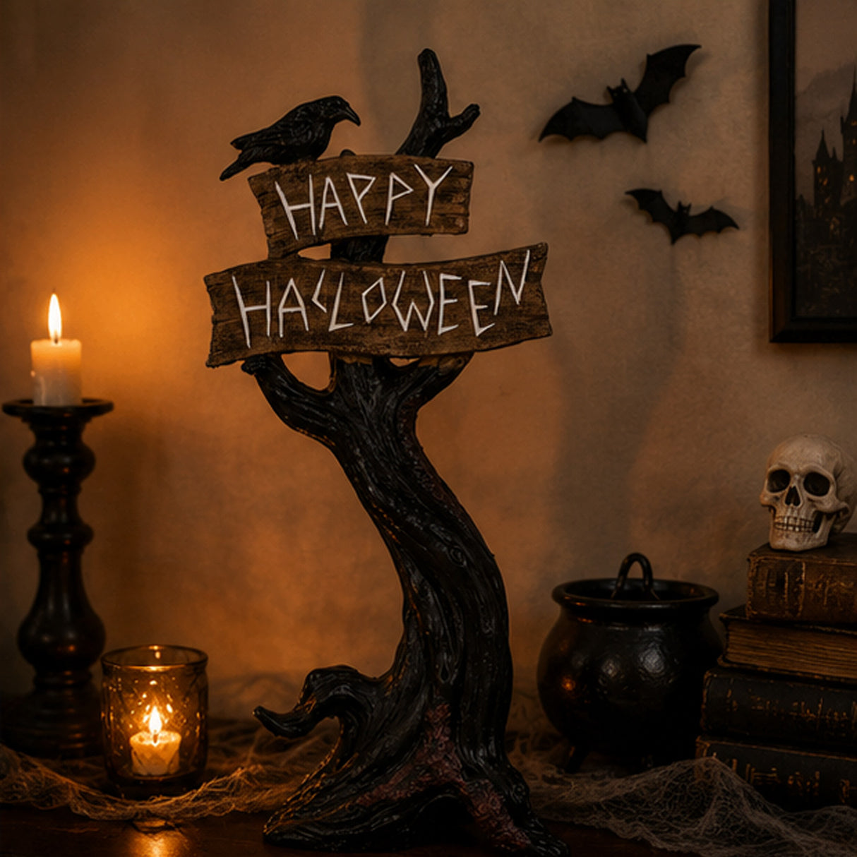 32IN Crow on Tree with Happy Halloween Sign Tabletop Decor
