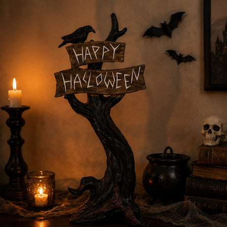 32IN Crow on Tree with Happy Halloween Sign Tabletop Decor