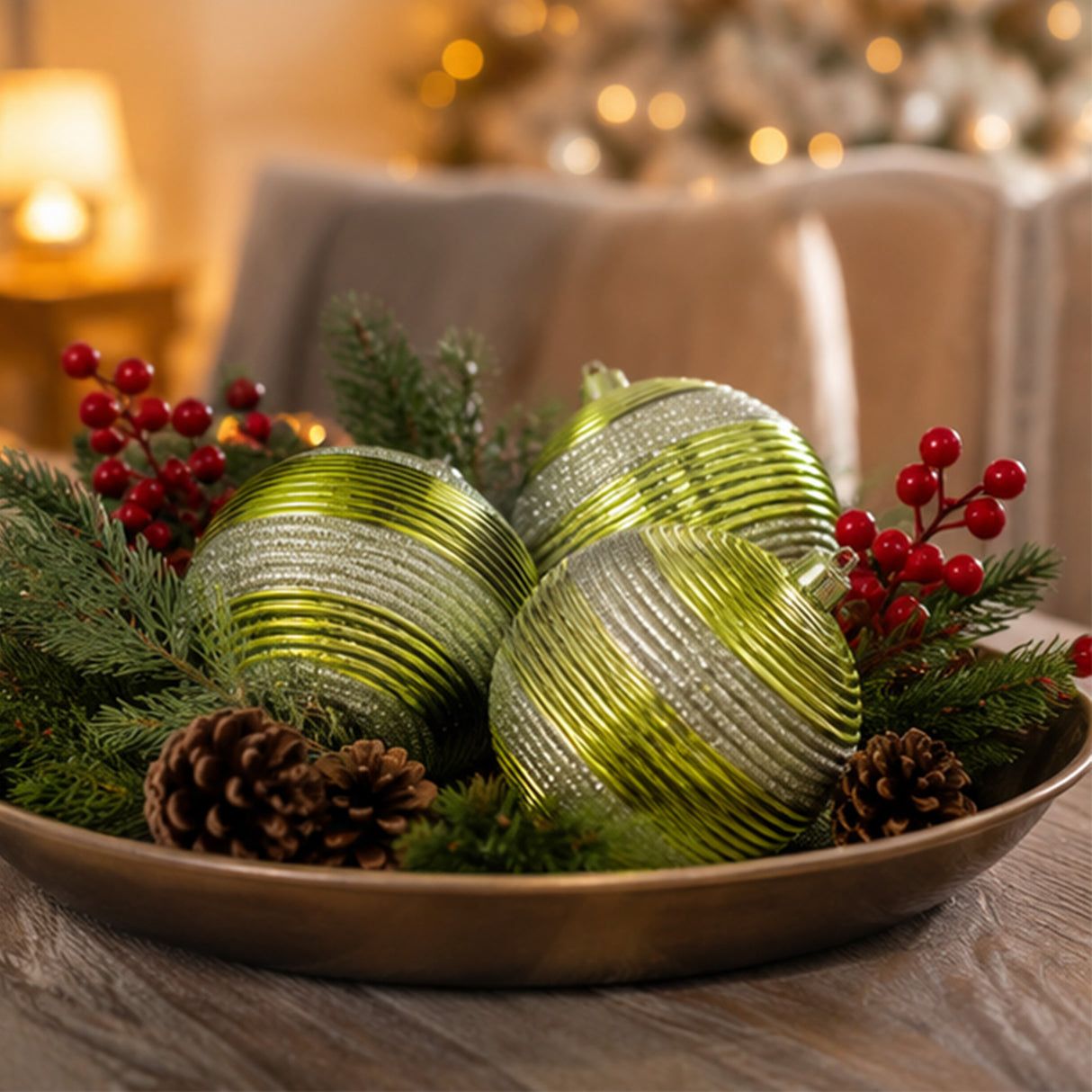 4PC Shatterproof Swirling Lime Green Glitter Christmas Ball Ornaments