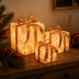 Pre-Lit White and Gold Christmas Gift Boxes Set of 3 with Clear Lights Plug-In