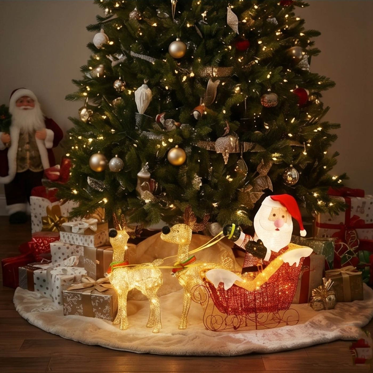 33IN Pre Lit Santa Sleigh with Reindeer LED Holiday Decoration