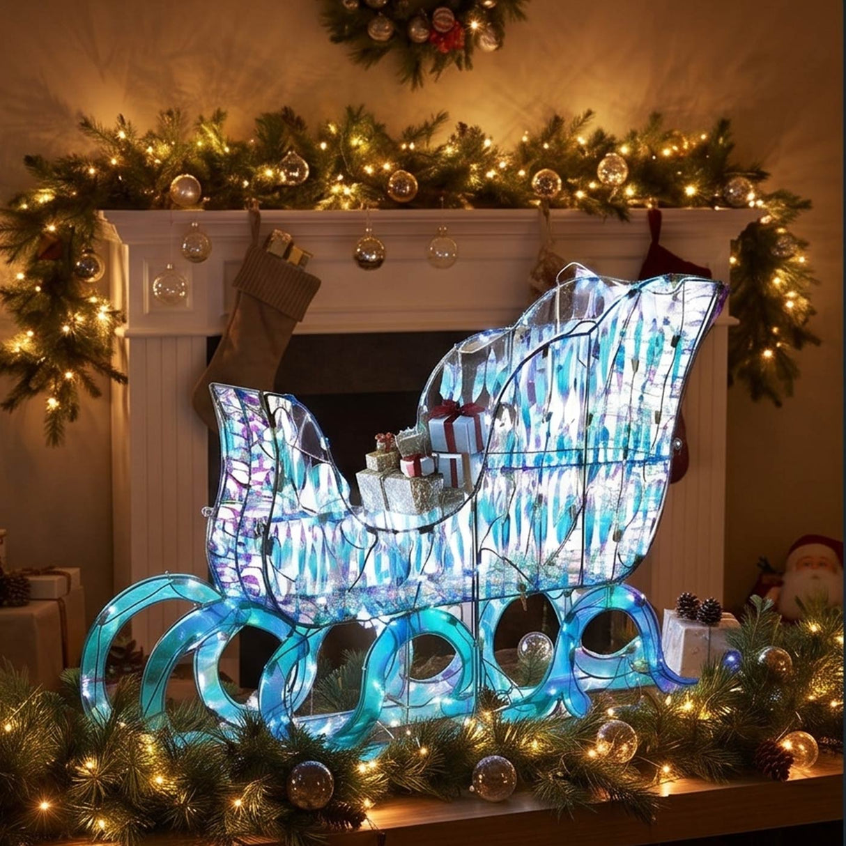 26IN Pre Lit Iridescent Santa Sleigh with Cool White LED Lights