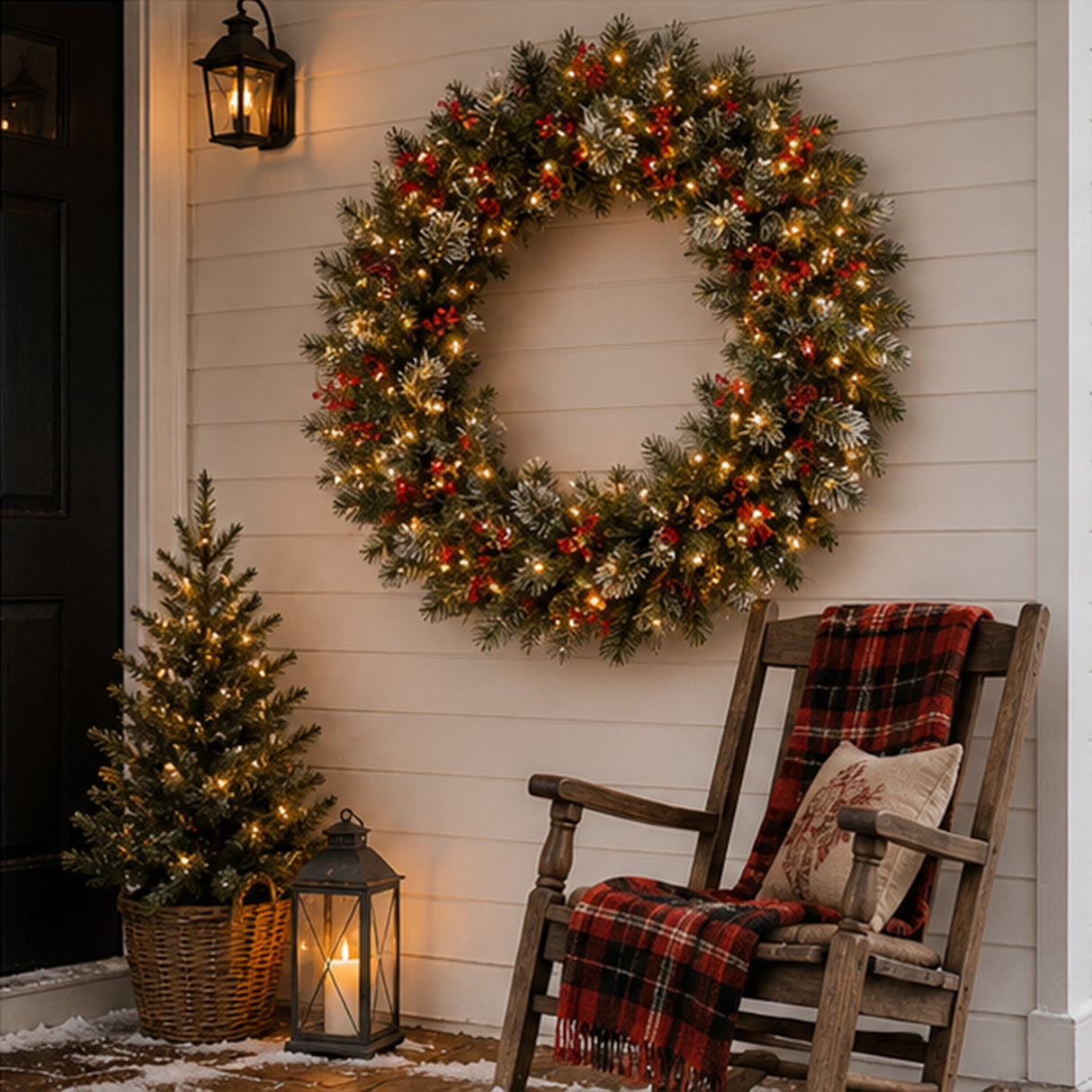 Pre-Lit 48 in. Wintry Pine Christmas Wreath with 200 Clear Lights, Plug-In Snow Dusted Holiday Door Decor