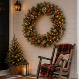 Pre-Lit 48 in. Wintry Pine Christmas Wreath with 200 Clear Lights, Plug-In Snow Dusted Holiday Door Decor