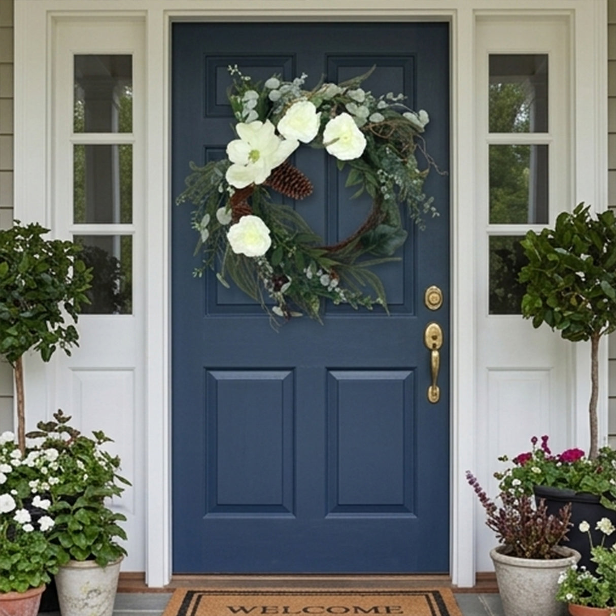 26IN Mixed Greens Wreath with White Flowers and Pinecones