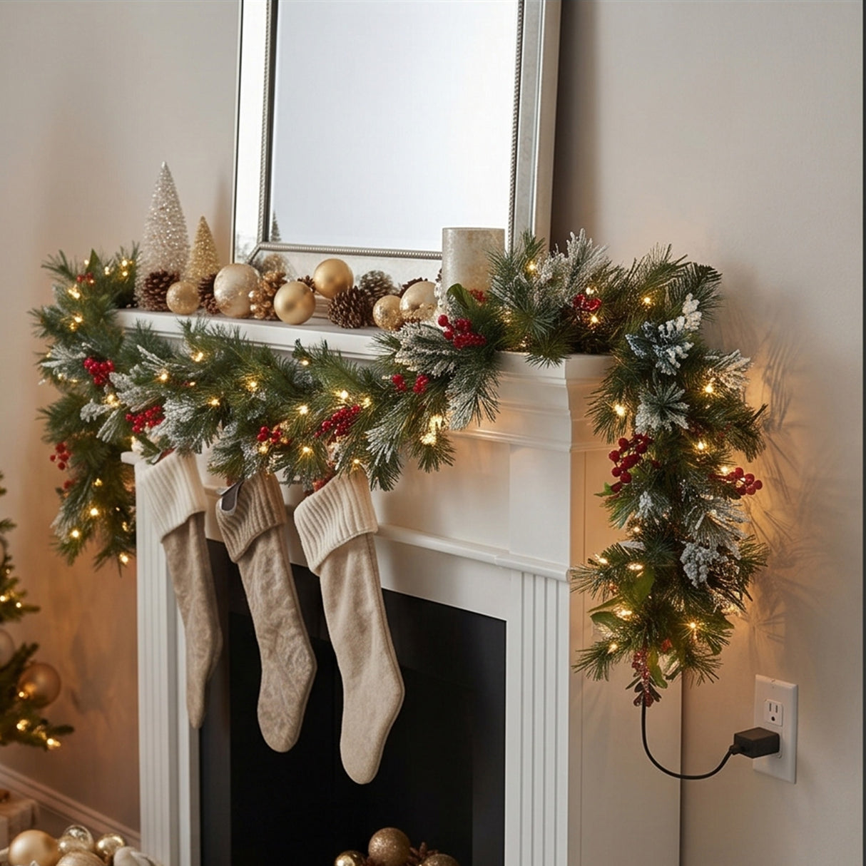 9FT Pre-Lit Wintry Pine Garland with Clear Lights