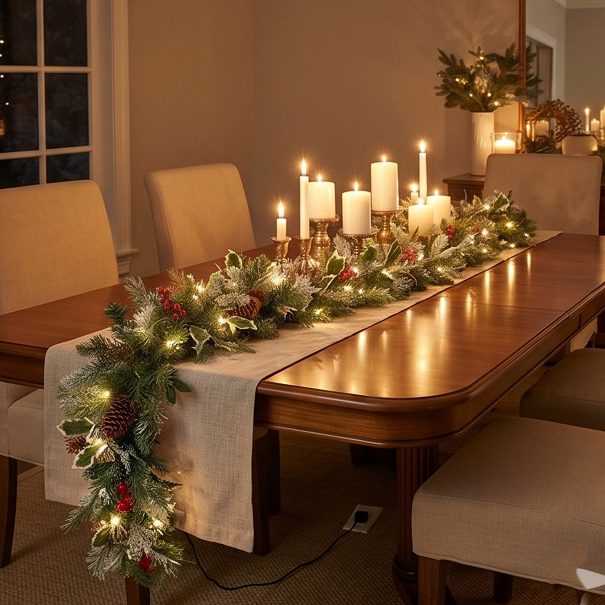 9FT Pre-Lit Holly Berry Garland & Wreath Set with LED Lights (3 Piece)
