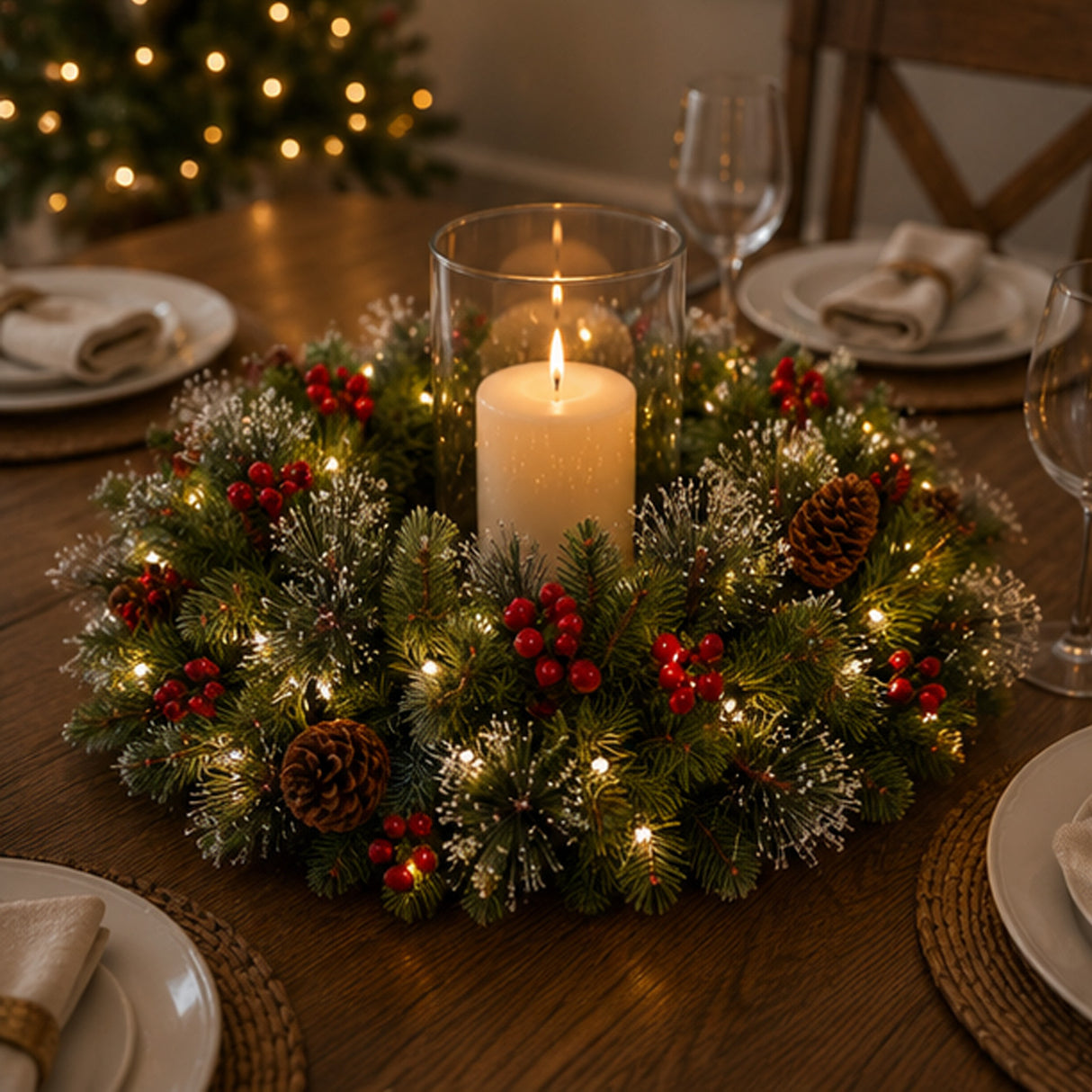 Pre-Lit Crestwood Spruce Wreath with Warm White LED Lights, 24 Inch