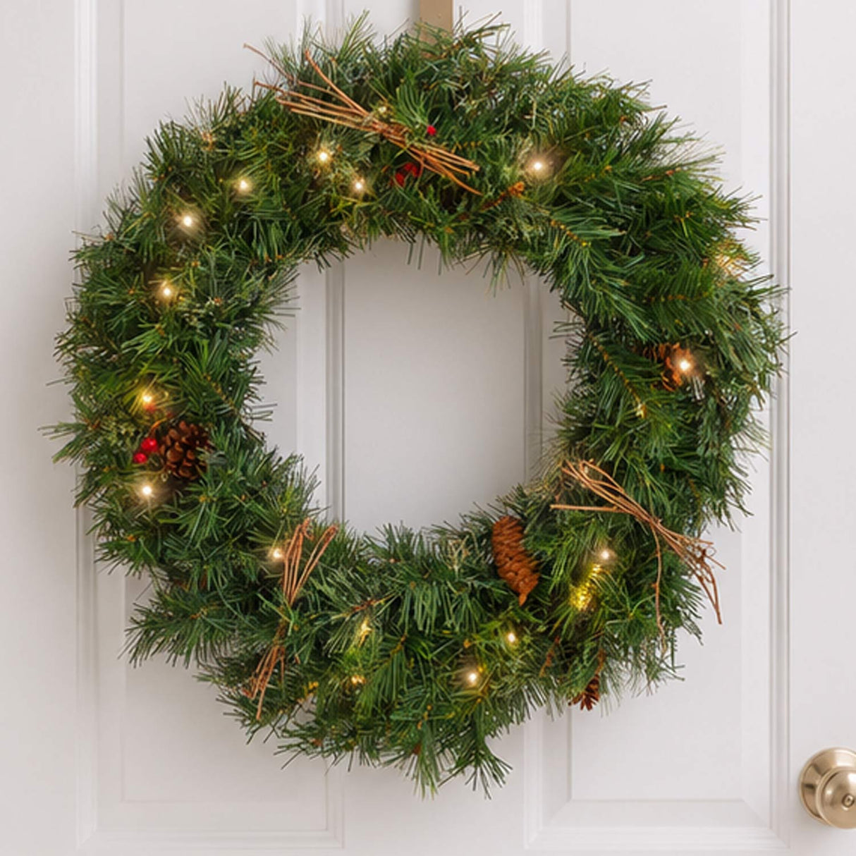 Pre-Lit Glistening Pine Wreath with Warm White LED Lights, 24 Inch