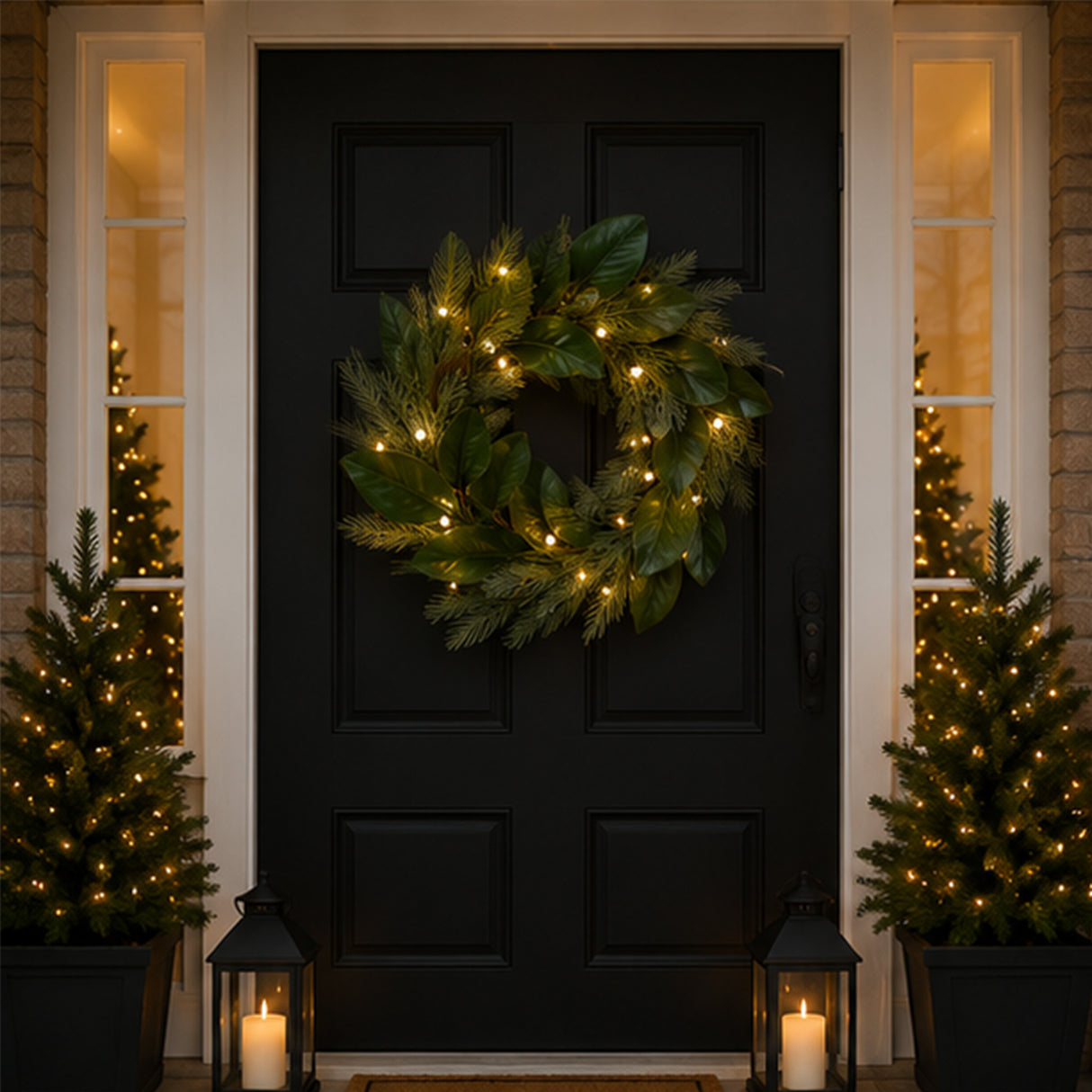 Pre-Lit Magnolia Mix Pine Wreath with Warm White LED Berry Lights, 24 Inch