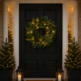 Pre-Lit Magnolia Mix Pine Wreath with Warm White LED Berry Lights, 24 Inch