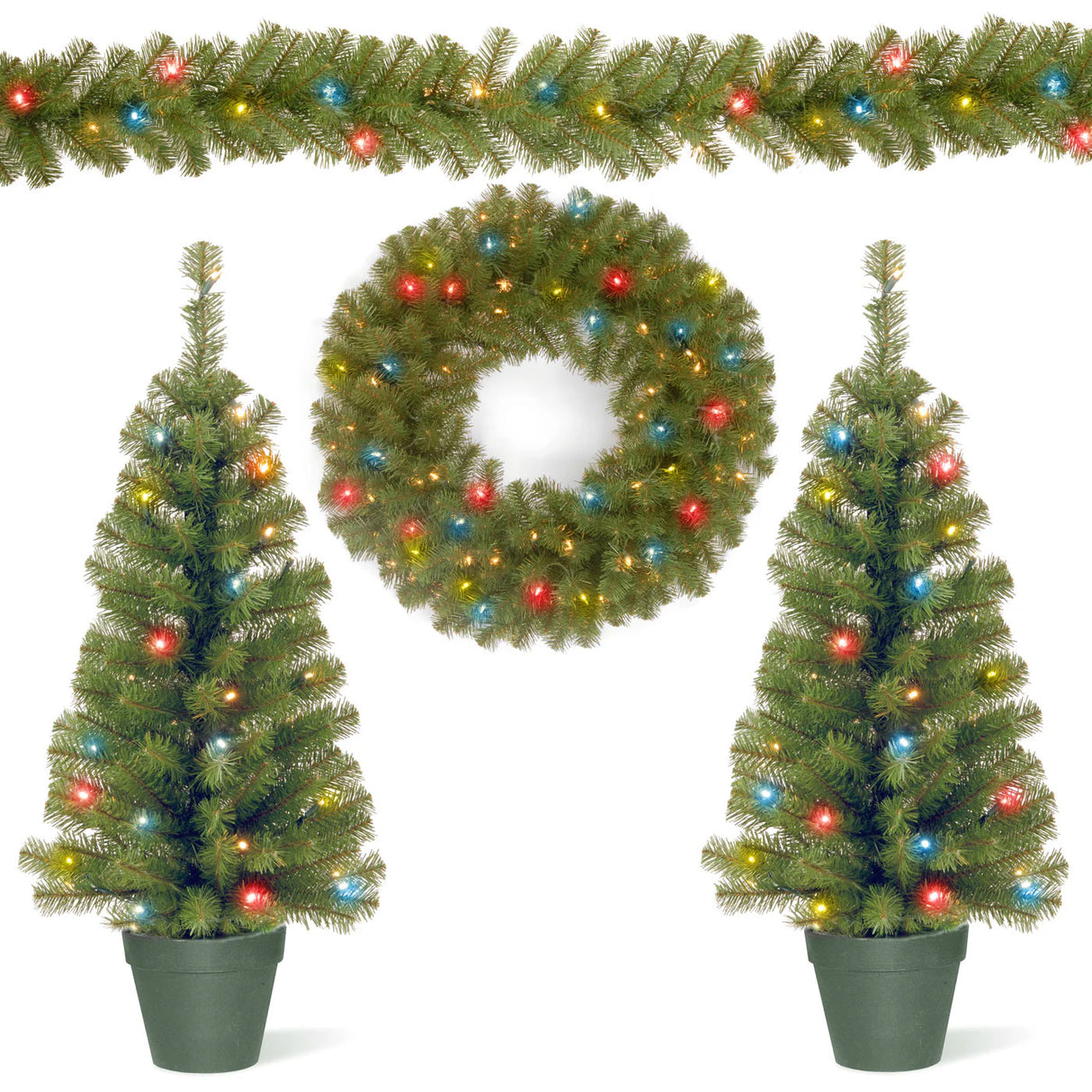 Pre-Lit Green Christmas Assortment Set – 2 Entrance Trees, Wreath & Garland with Multicolor LED Lights