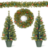 Pre-Lit Green Christmas Assortment Set – 2 Entrance Trees, Wreath & Garland with Multicolor LED Lights