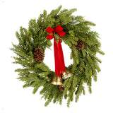 Christmas Bells Pine Wreath with Red Bow & Gold Bells, 28 Inch